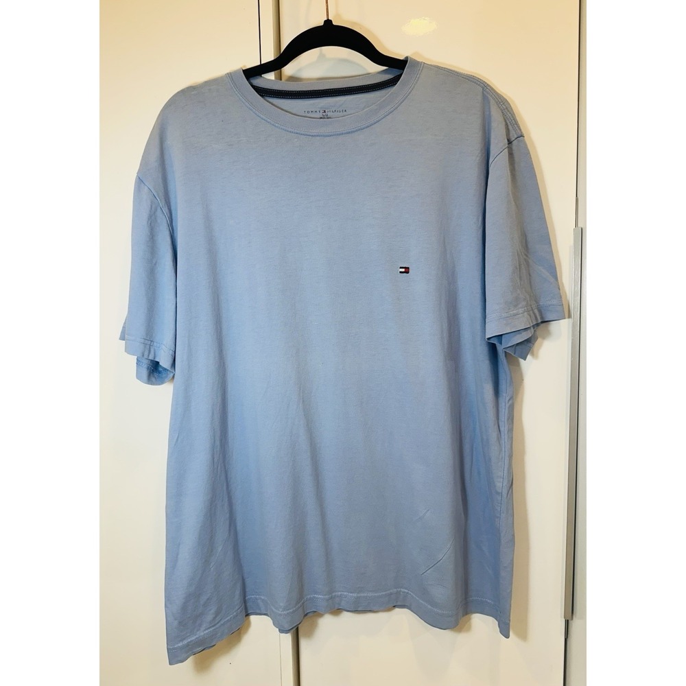 Tommy Hilfiger Shirt Mens Light Blue Solid Logo Cotton Sz L